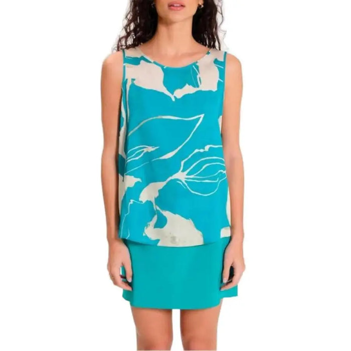 Sleeveless turquoise dress with white floral print featured in Rinascimento Women Blouse