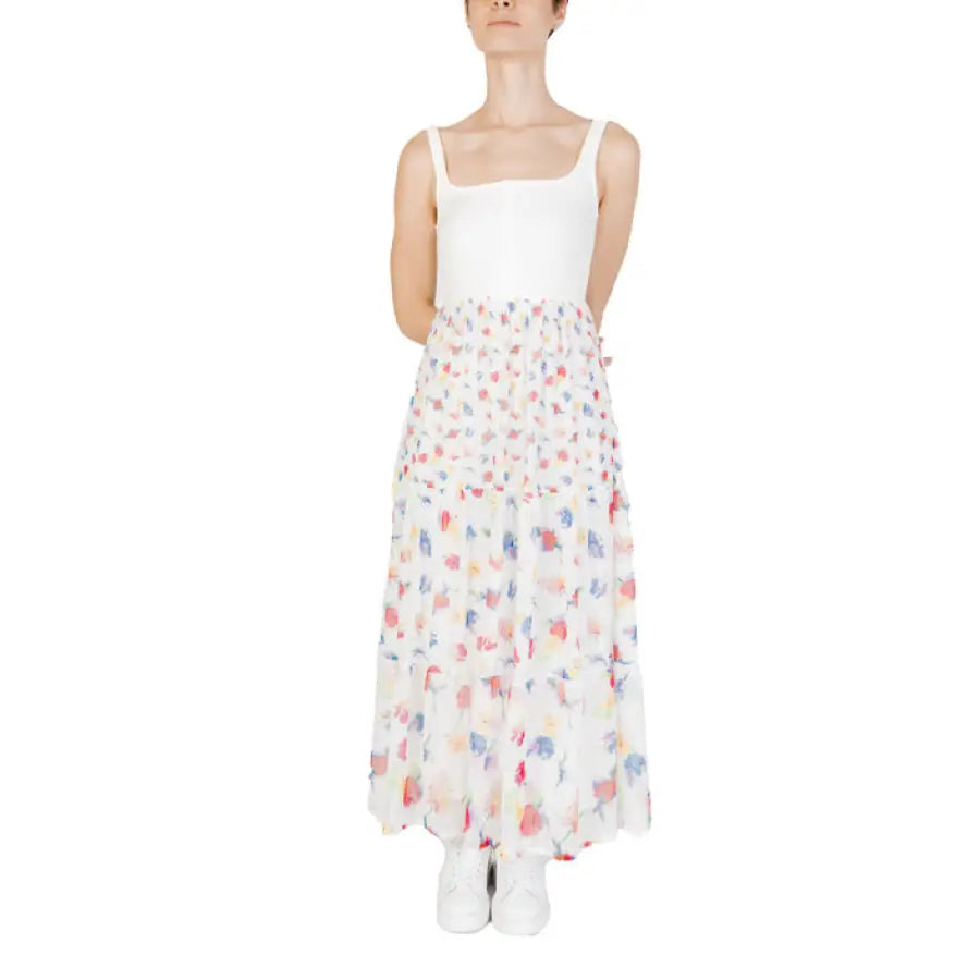 Desigual women’s sleeveless white dress with floral patterned skirt and tank-style top