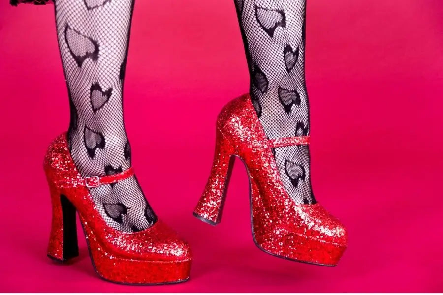 Sparkly red platform high heels with chunky heels for a retro fashion statement