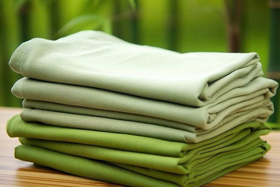 Stack of folded green and white fabric napkins showcasing the best fabric for summer.