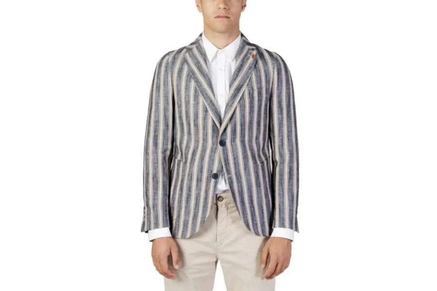 Striped gray and white blazer over a white shirt in Men’s Capsule Wardrobe Guide.