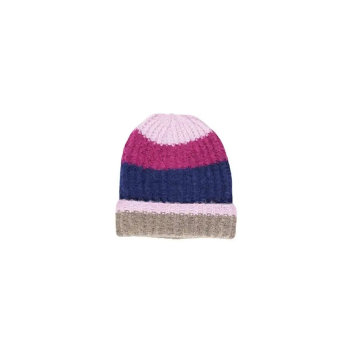 Striped knit beanie in pink, navy blue, and gray bands by Pieces Women’s Cap