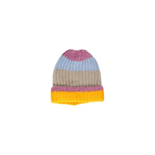 Striped knit beanie in pink, blue, beige, purple, and yellow bands from Pieces Women Cap