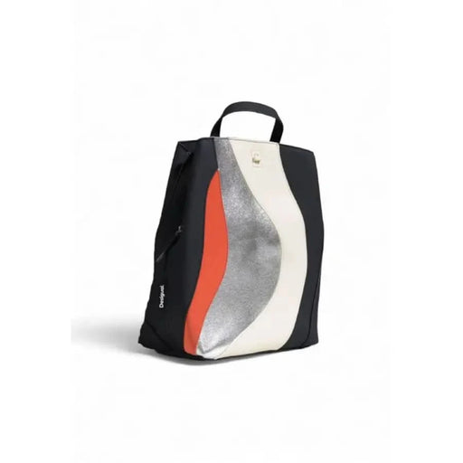 Stylish Desigual Women Bag featuring a curved color-block design in black, red, silver, and white