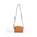 Tan leather crossbody bag with long strap and metal logo emblem by Calvin Klein