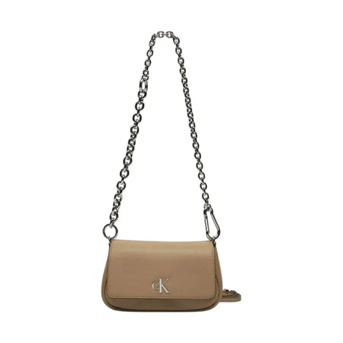 Tan leather handbag with silver chain strap and CK logo by Calvin Klein