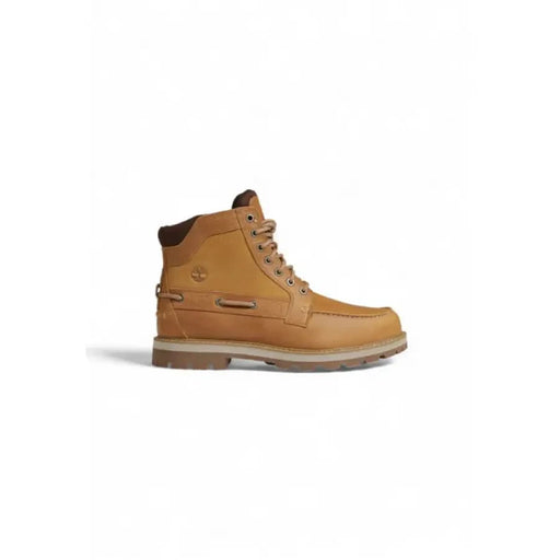 Tan leather Timberland Men Boots featuring a thick sole and lace-up design