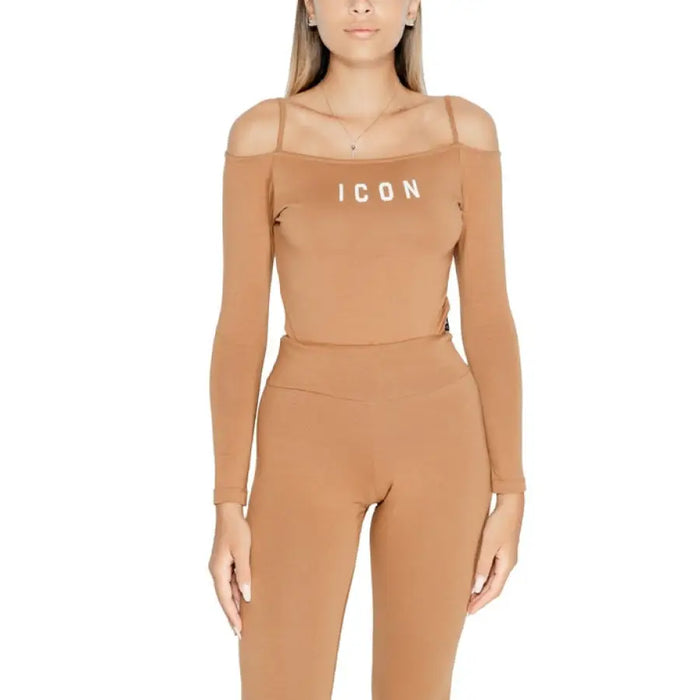 Tan off-shoulder bodysuit featuring ICON text across the chest for women