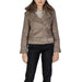 Taupe faux-suede motorcycle jacket with fur collar and belt from Guess Women’s collection