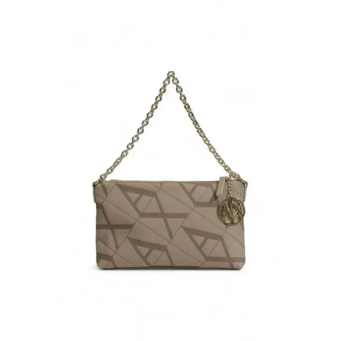 Taupe leather clutch handbag with geometric pattern and chain strap by Armani Exchange