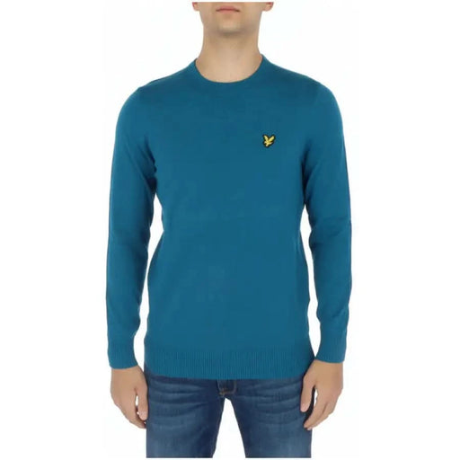 Teal blue crew neck sweater with yellow logo by Lyle & Scott Men Knitwear