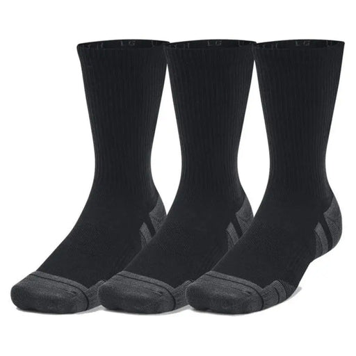 Three black athletic crew socks with gray reinforced heels and toes by Under Armour