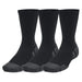 Three black athletic crew socks with gray reinforced heels and toes by Under Armour