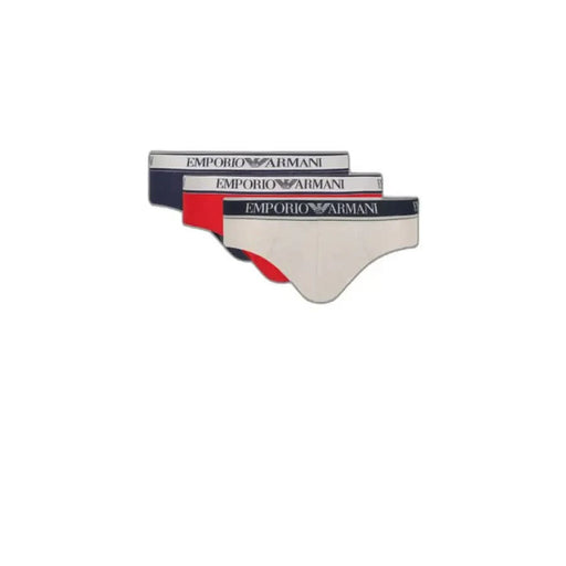 Emporio Armani men’s briefs in navy, red, and beige shown in Emporio Armani Underwear collection