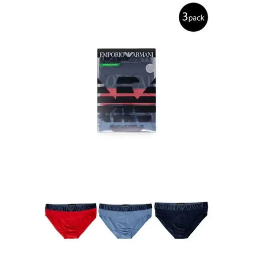 Emporio Armani men’s briefs in red, light blue, and navy from the Emporio Armani Underwear collection