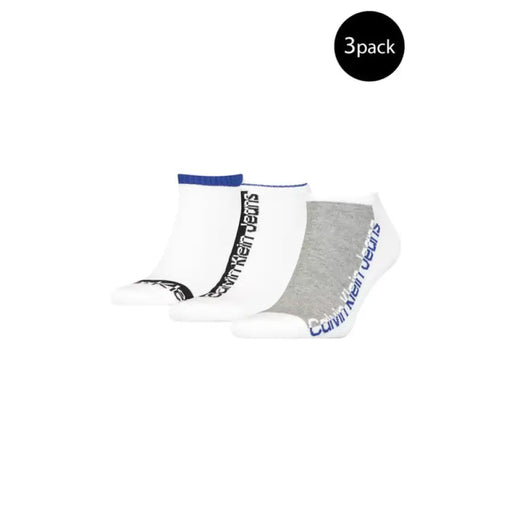 Calvin Klein Men Underwear: White and gray low-cut athletic socks three-pack with brand logos