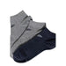 Emporio Armani ankle socks in gray and navy blue with logo design displayed for men