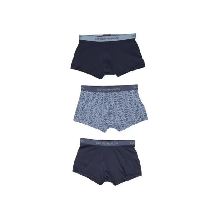 Three pairs of Emporio Armani men’s boxer briefs in navy blue and patterned gray