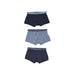 Three pairs of Emporio Armani men’s boxer briefs in navy blue and patterned gray