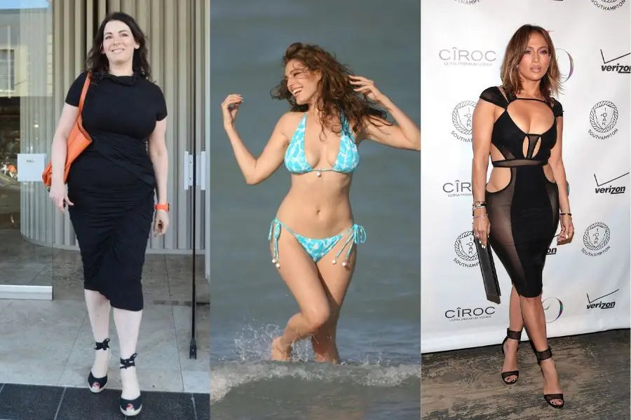 Three women showcasing outfits suited for different body types in diverse settings.