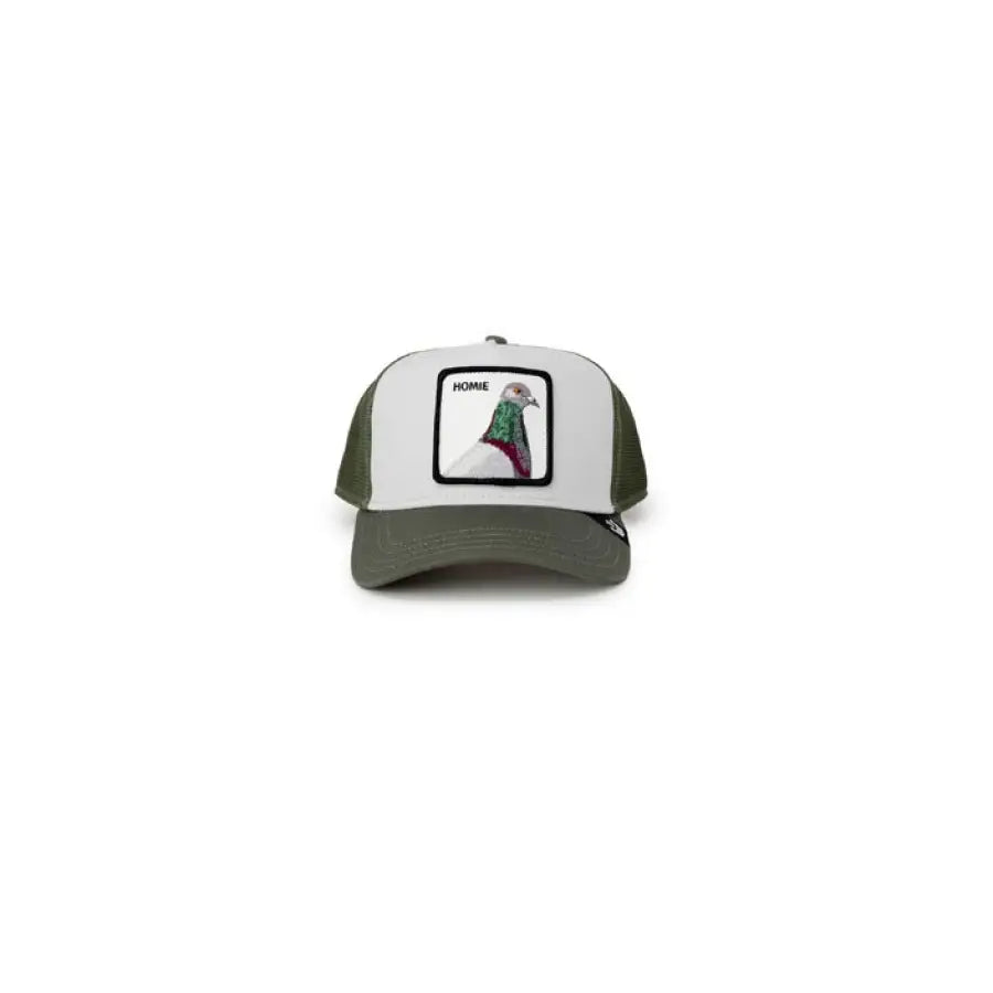 Goorin Bros Women Cap: White and Olive Green Trucker-Style with Bird Patch