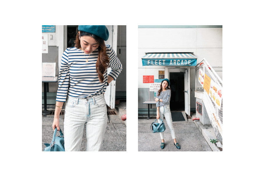 Two-panel fashion photograph displaying minimalist outfits for women in various poses.