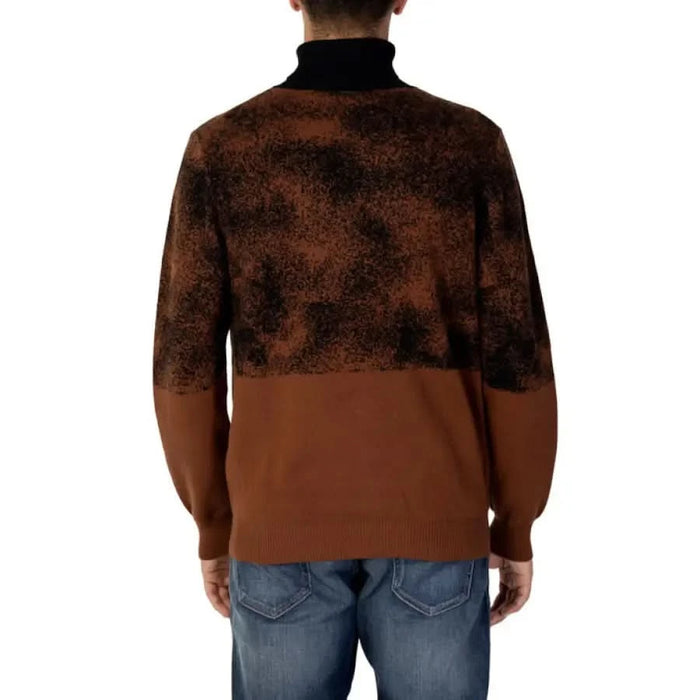 Two-tone brown turtleneck sweater with textured upper and solid lower for Antony Morato Men Knitwear