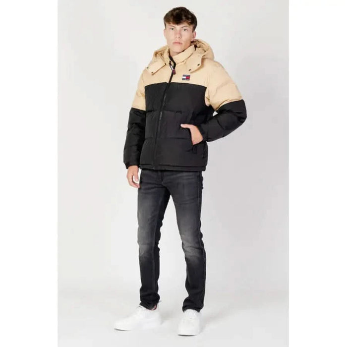 Two-tone puffer jacket with hood, beige upper and black lower by Tommy Hilfiger Jeans