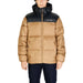 Two-tone puffy winter jacket by Columbia, tan and black with hood and logo