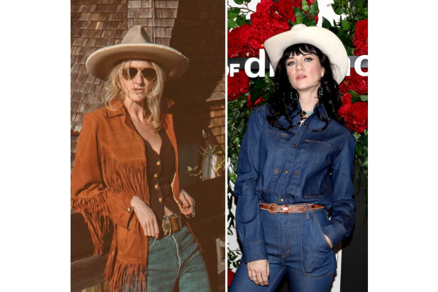 Two women in wide-brimmed hats showcasing trendy Western-inspired fashion style.