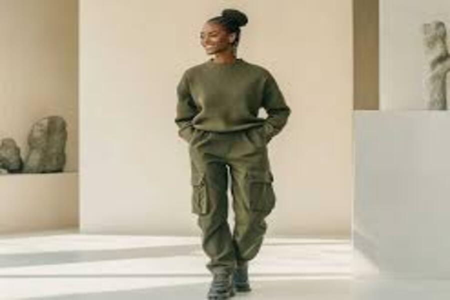 Person in olive green sweatshirt and cargo pants in a casual pose for trendy outfits.