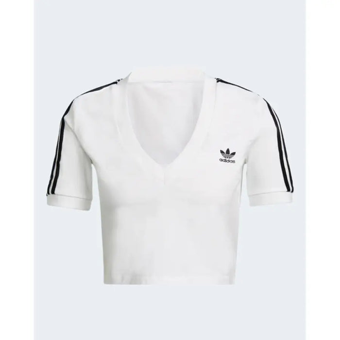 White Adidas crop top with black stripes on sleeves and V-neck for women