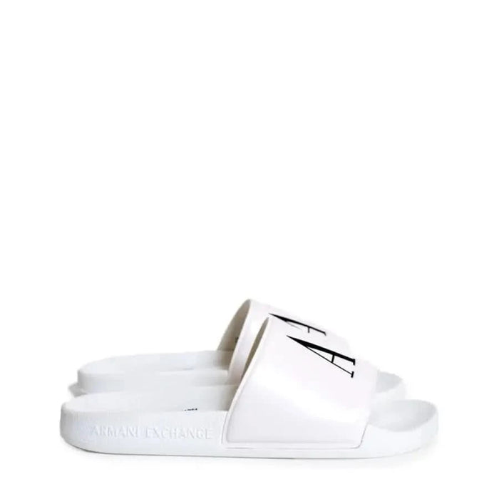 White Armani Exchange slide sandal with black logo from Armani Exchange Women Slippers