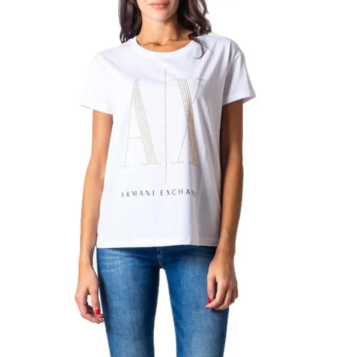 White Armani Exchange t-shirt featuring a studded ’AX’ logo design for women