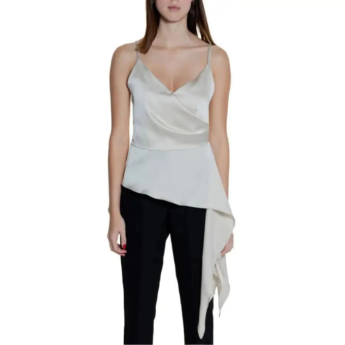 Silence Women Top: White asymmetrical spaghetti strap top with draped side panel