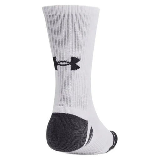 White athletic sock featuring black Under Armour logo and grey reinforced heel