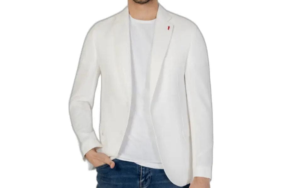 White blazer with red lapel accent for smart casual men summer wardrobe essentials.