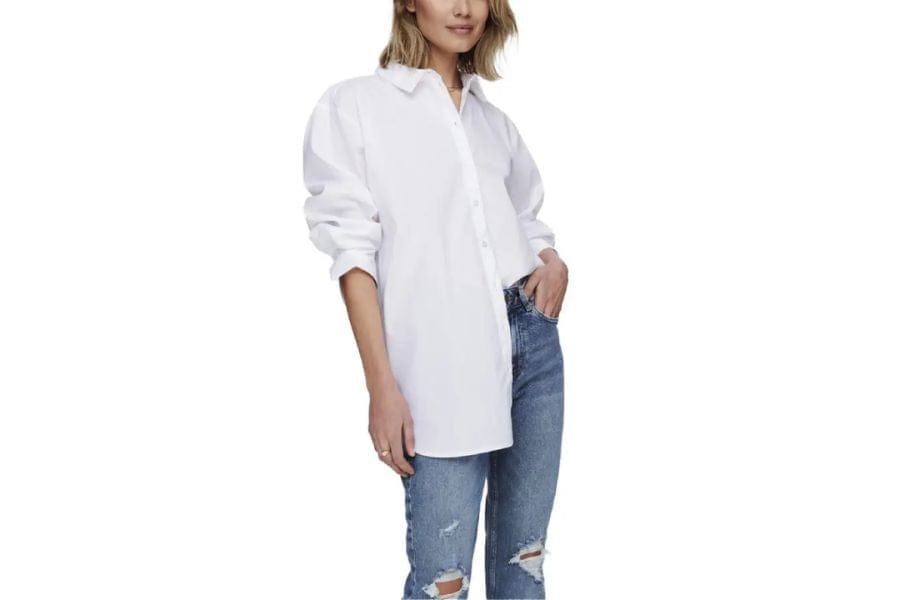 White button-down shirt with long sleeves for stylish summer work outfits and chic looks.