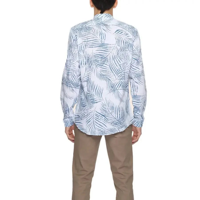 White button-up shirt with blue palm leaf print pattern by Antony Morato Men Shirt