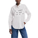 White Desigual women shirt featuring handwritten text and vertical pinstripes