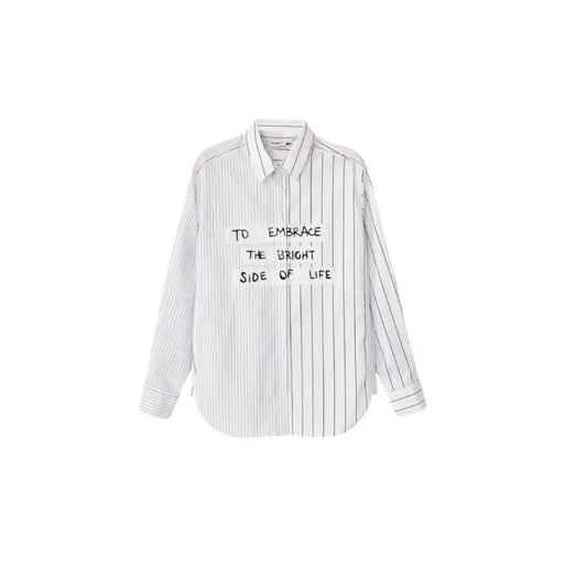 White Desigual Women Shirt with vertical stripes and stylish handwritten text design