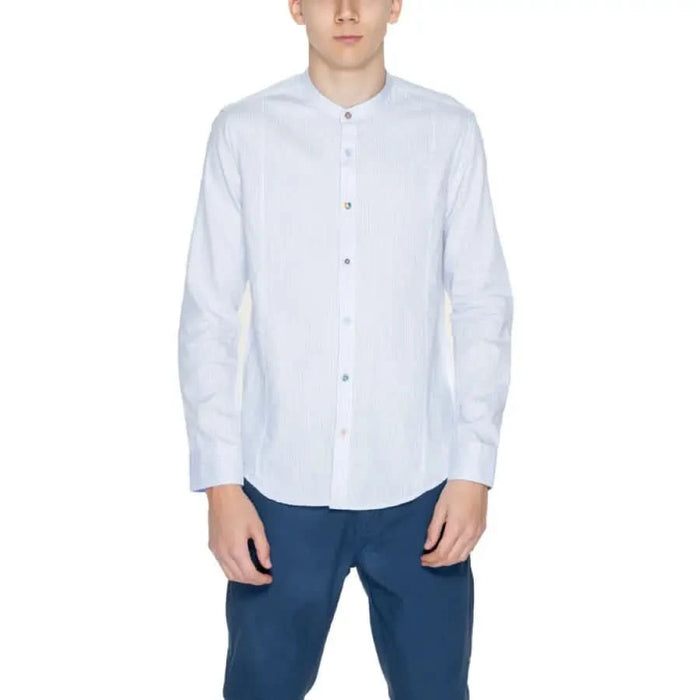 Gianni Lupo Men’s White Button-Up Shirt with Mandarin Collar and Long Sleeves