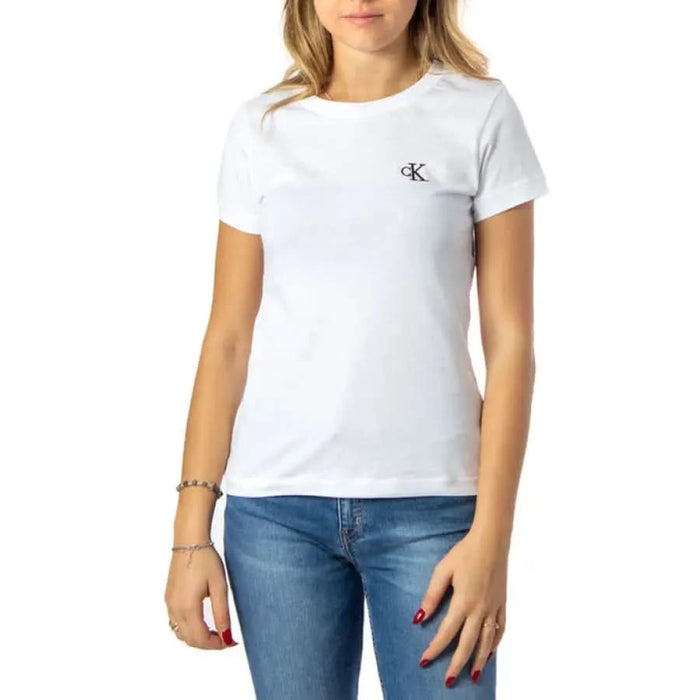 White Calvin Klein t-shirt with ’CK’ logo on chest from Calvin Klein Jeans Women T-Shirt collection