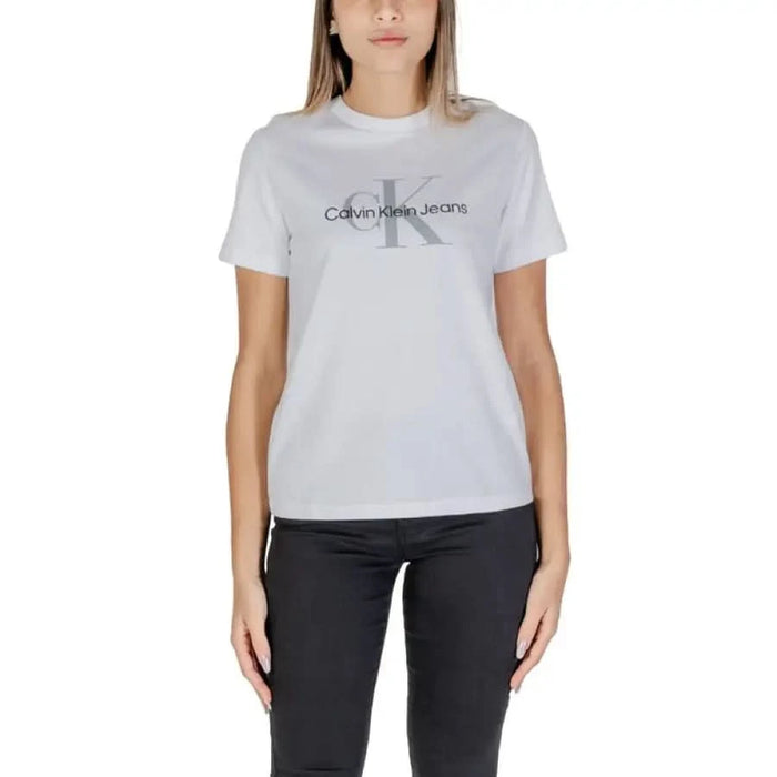 White Calvin Klein Jeans logo t-shirt featuring gray text for women