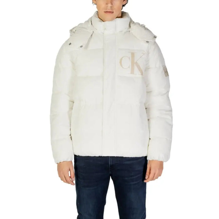 White Calvin Klein puffer jacket with hood showcased in Calvin Klein Men Jacket product