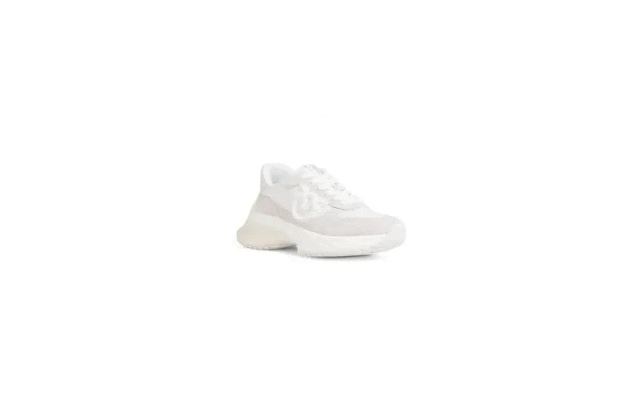 White chunky sneaker with thick sole, ideal for minimalist apparel and accessories.