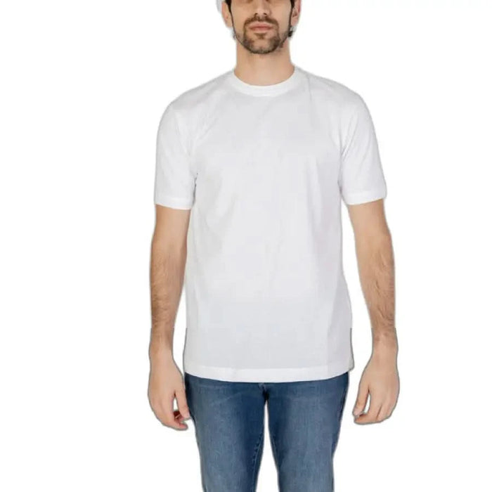 White crew neck t-shirt for men by Hamaki-ho, paired with jeans