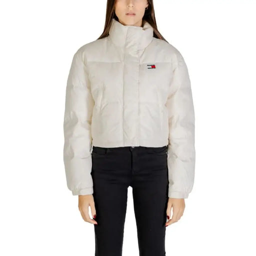 White cropped puffer jacket with high collar and Tommy Hilfiger logo for women