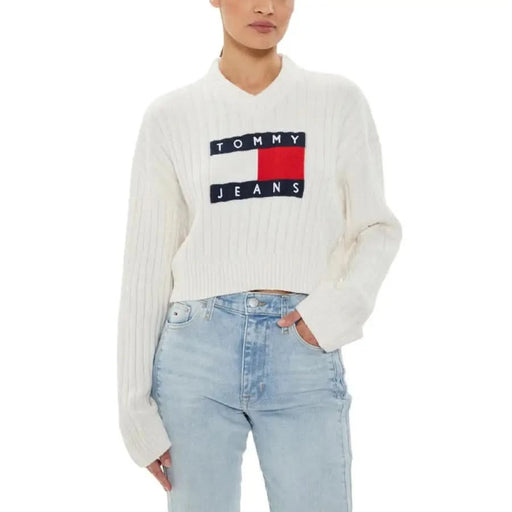 White cropped Tommy Jeans sweater paired with light blue jeans - Tommy Hilfiger Women Knitwear