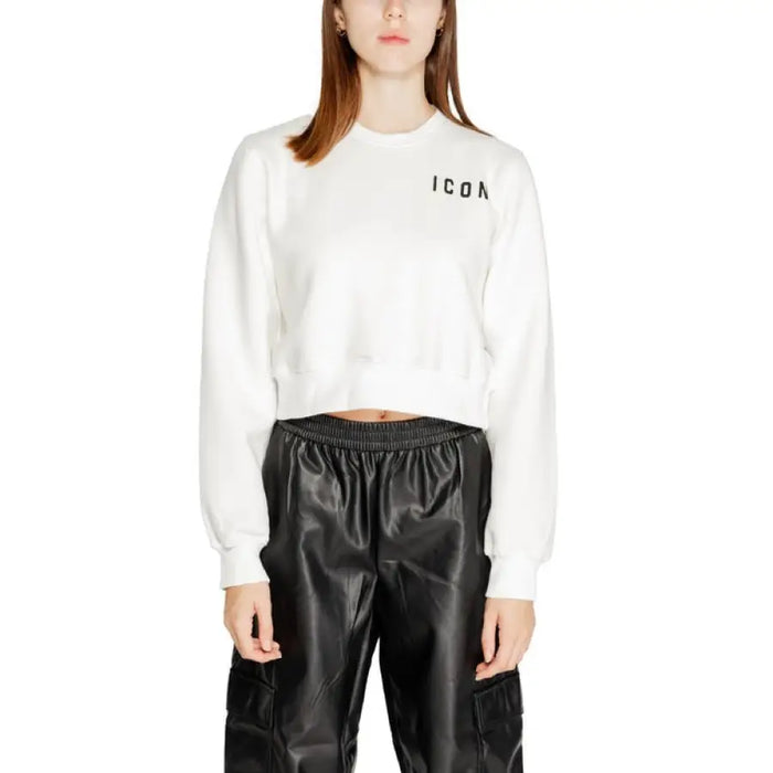 White cropped sweatshirt featuring ICON text on chest from Icon Women Sweatshirts